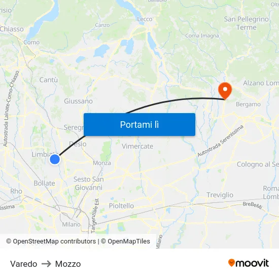 Varedo to Mozzo map