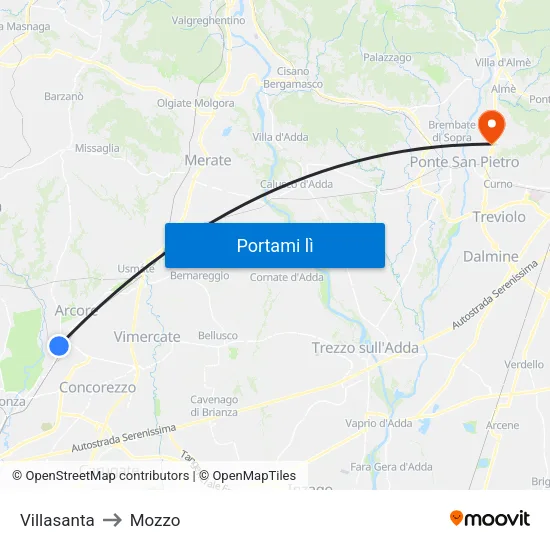 Villasanta to Mozzo map