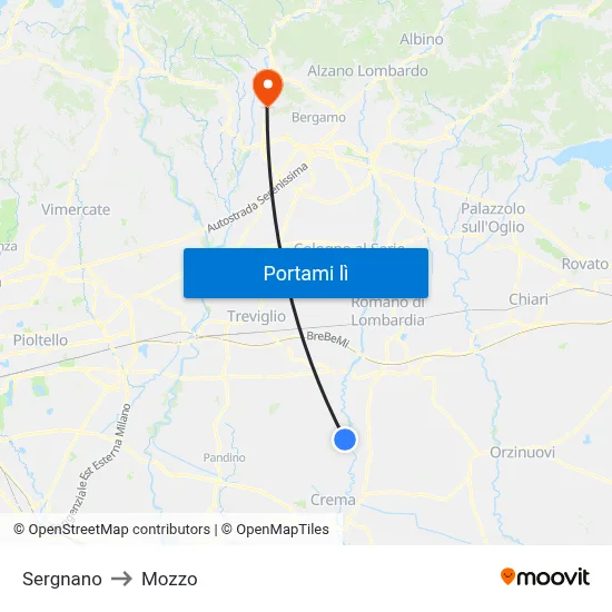 Sergnano to Mozzo map