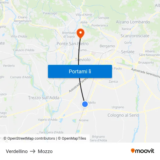Verdellino to Mozzo map