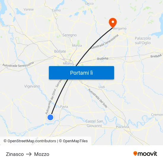 Zinasco to Mozzo map