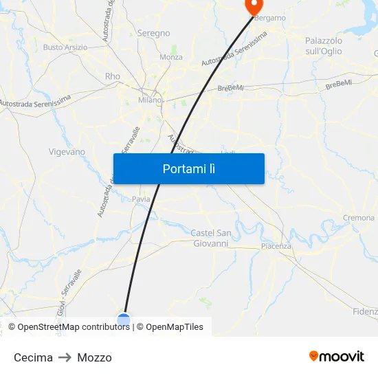 Cecima to Mozzo map