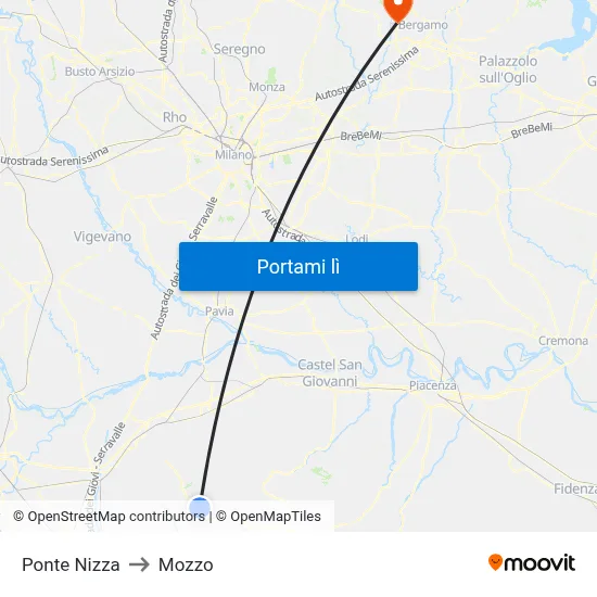 Ponte Nizza to Mozzo map