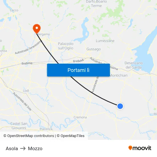 Asola to Mozzo map