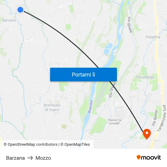 Barzana to Mozzo map