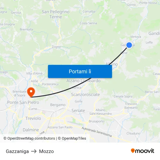 Gazzaniga to Mozzo map