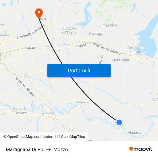 Martignana Di Po to Mozzo map