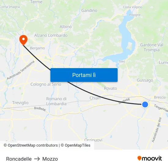 Roncadelle to Mozzo map