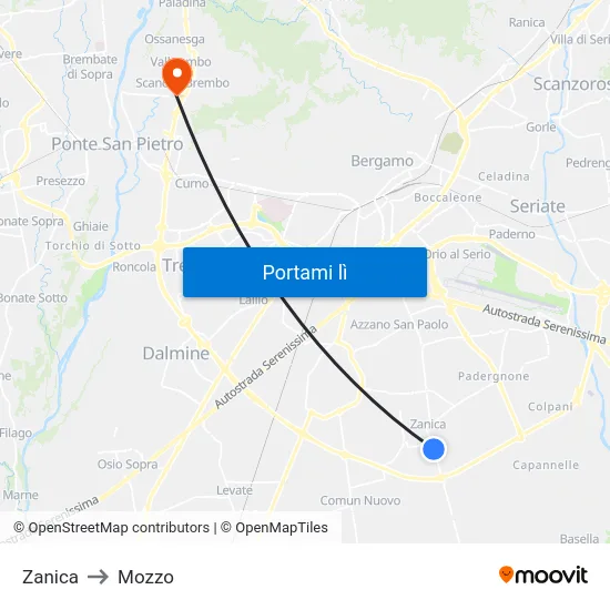 Zanica to Mozzo map