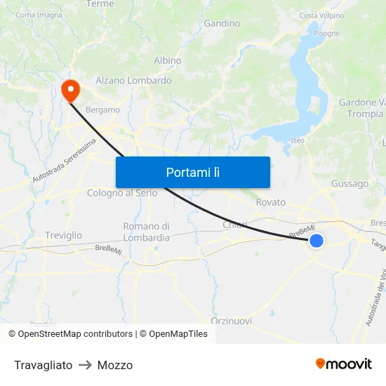 Travagliato to Mozzo map
