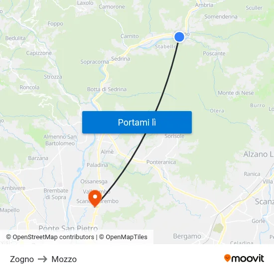 Zogno to Mozzo map