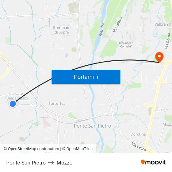 Ponte San Pietro to Mozzo map