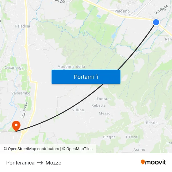 Ponteranica to Mozzo map