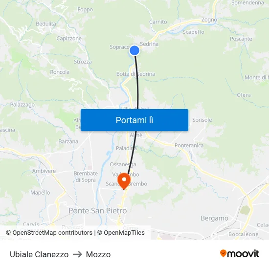 Ubiale Clanezzo to Mozzo map