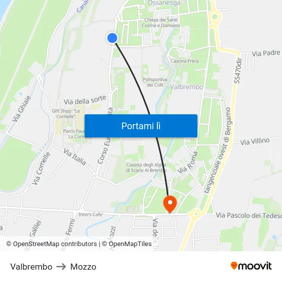 Valbrembo to Mozzo map