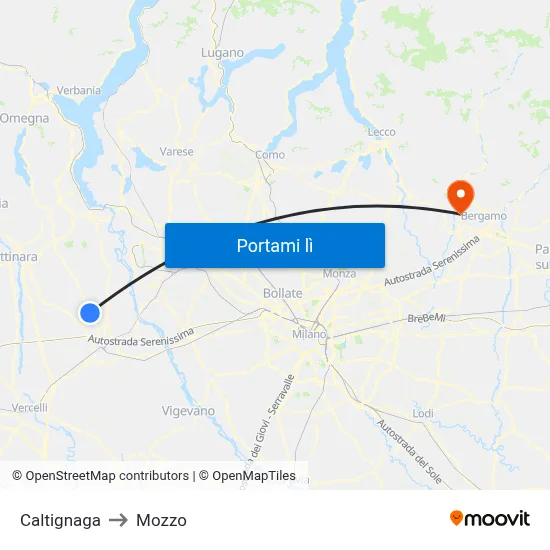 Caltignaga to Mozzo map