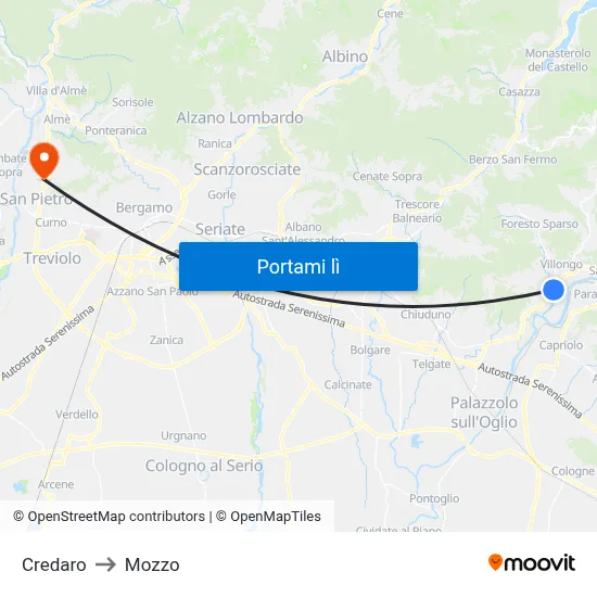 Credaro to Mozzo map