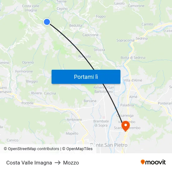 Costa Valle Imagna to Mozzo map