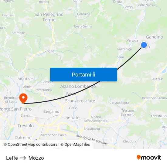 Leffe to Mozzo map