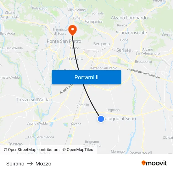 Spirano to Mozzo map