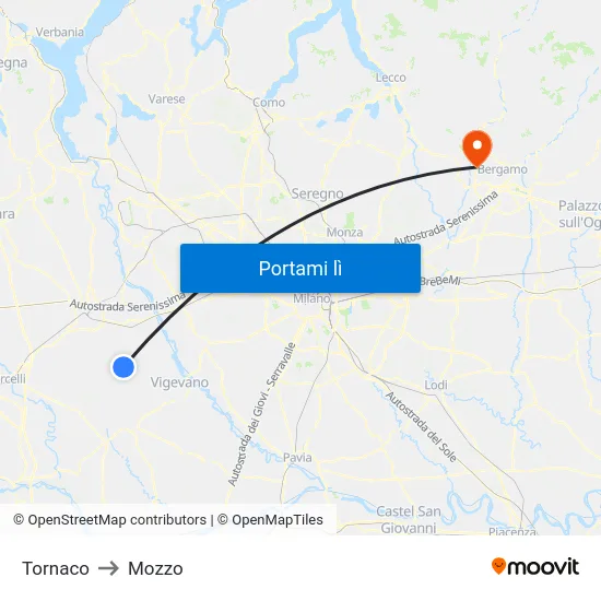 Tornaco to Mozzo map
