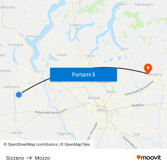 Sizzano to Mozzo map