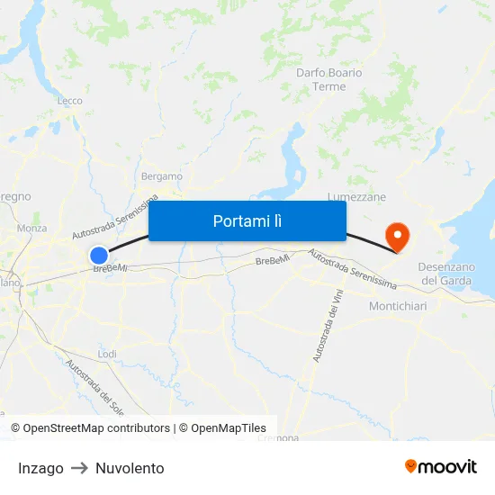 Inzago to Nuvolento map