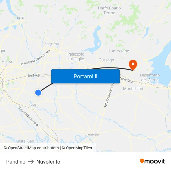 Pandino to Nuvolento map