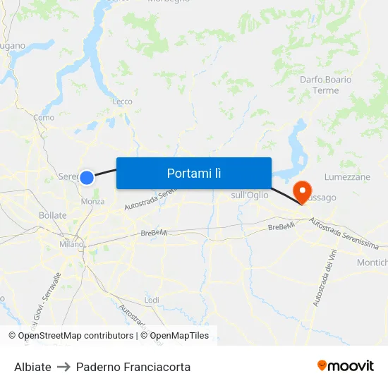 Albiate to Paderno Franciacorta map
