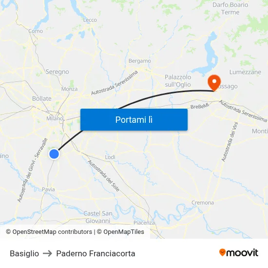 Basiglio to Paderno Franciacorta map