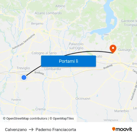 Calvenzano to Paderno Franciacorta map
