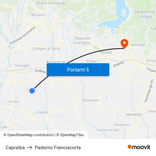 Capralba to Paderno Franciacorta map