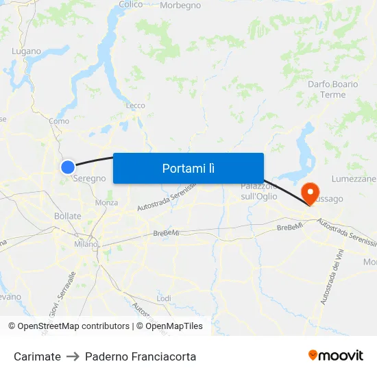 Carimate to Paderno Franciacorta map