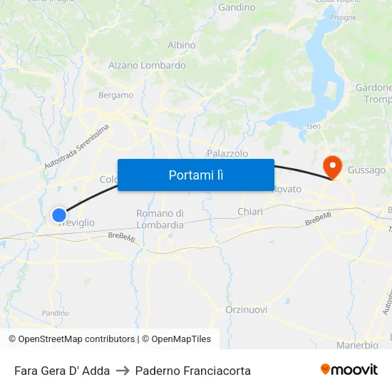 Fara Gera D' Adda to Paderno Franciacorta map