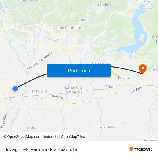 Inzago to Paderno Franciacorta map
