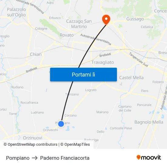 Pompiano to Paderno Franciacorta map
