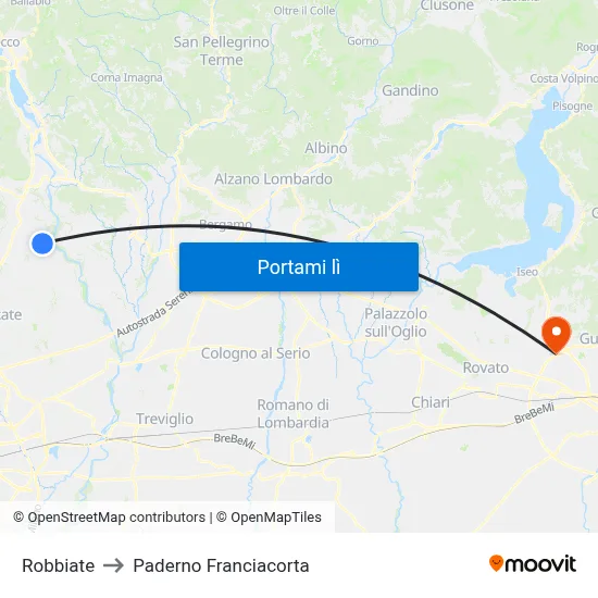 Robbiate to Paderno Franciacorta map