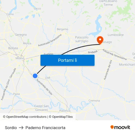 Sordio to Paderno Franciacorta map