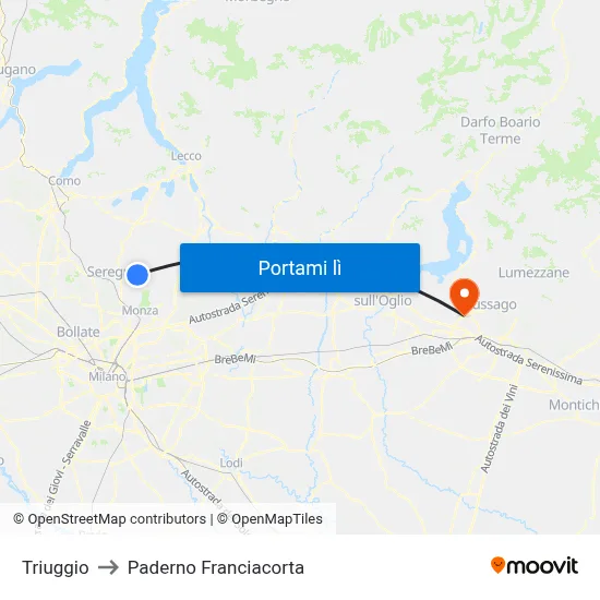 Triuggio to Paderno Franciacorta map
