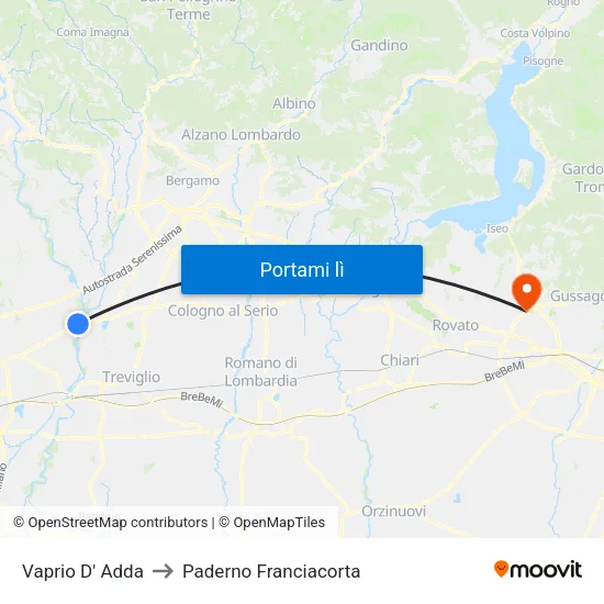 Vaprio D' Adda to Paderno Franciacorta map