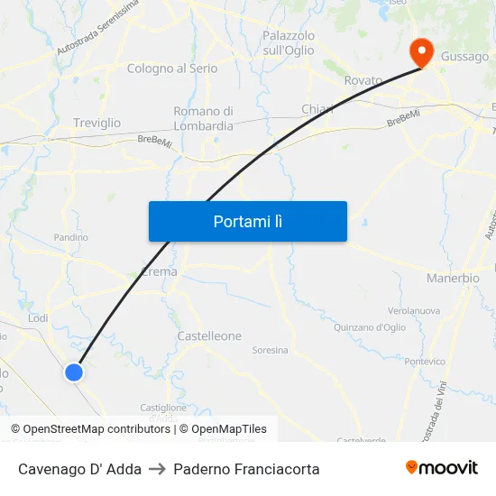 Cavenago D' Adda to Paderno Franciacorta map