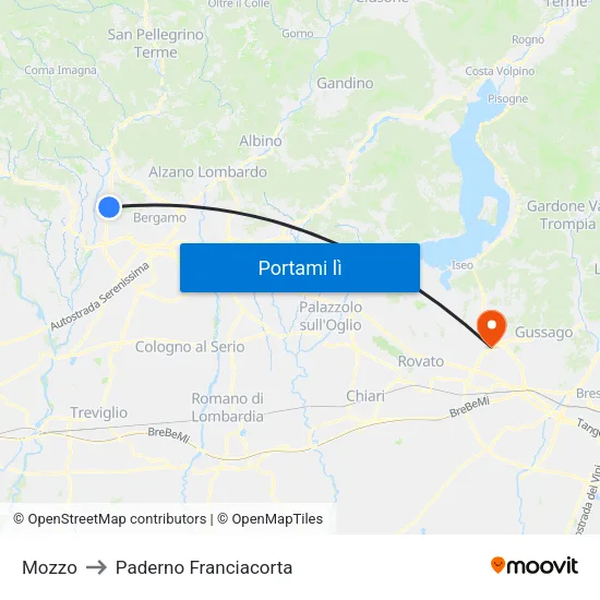 Mozzo to Paderno Franciacorta map