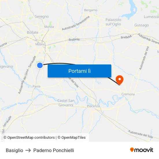 Basiglio to Paderno Ponchielli map