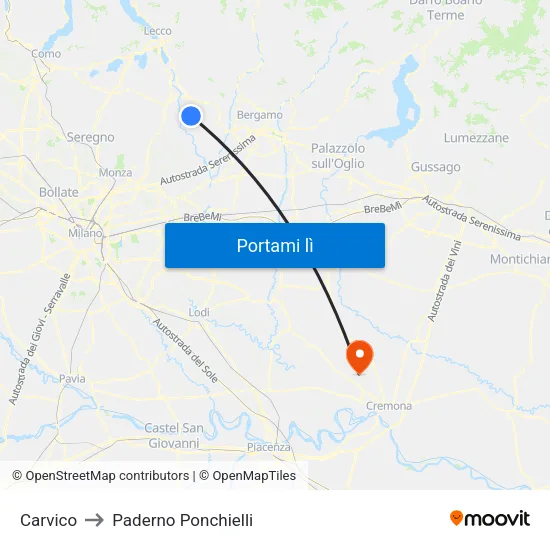 Carvico to Paderno Ponchielli map