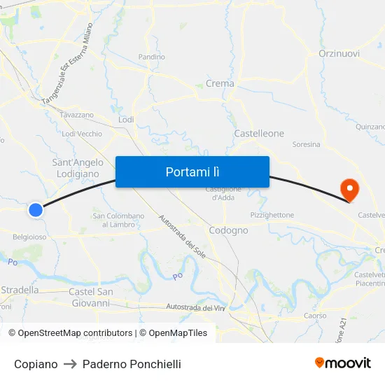 Copiano to Paderno Ponchielli map