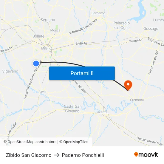 Zibido San Giacomo to Paderno Ponchielli map