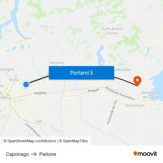 Caponago to Paitone map