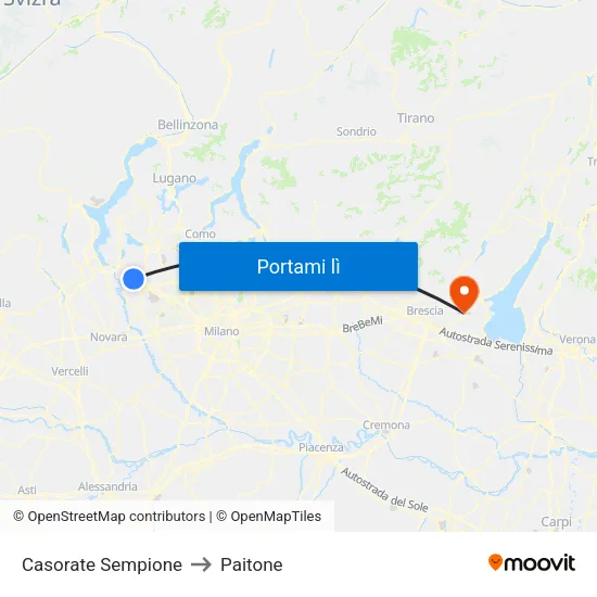 Casorate Sempione to Paitone map