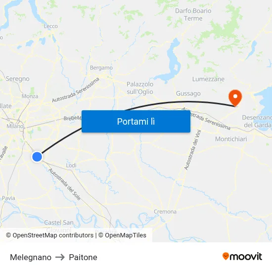 Melegnano to Paitone map