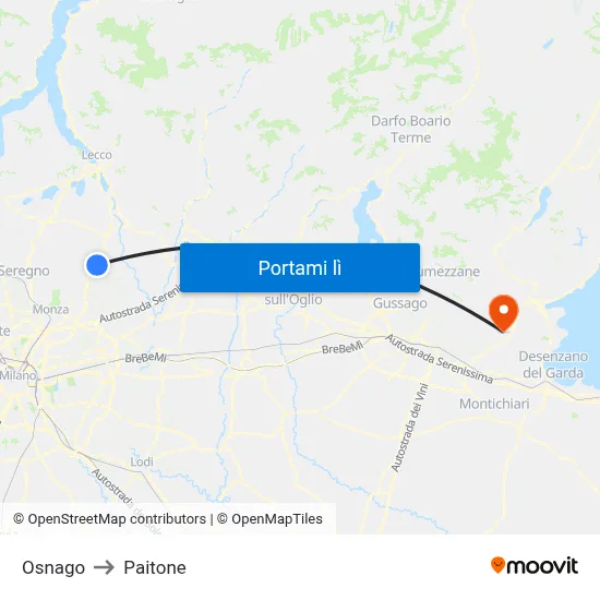 Osnago to Paitone map
